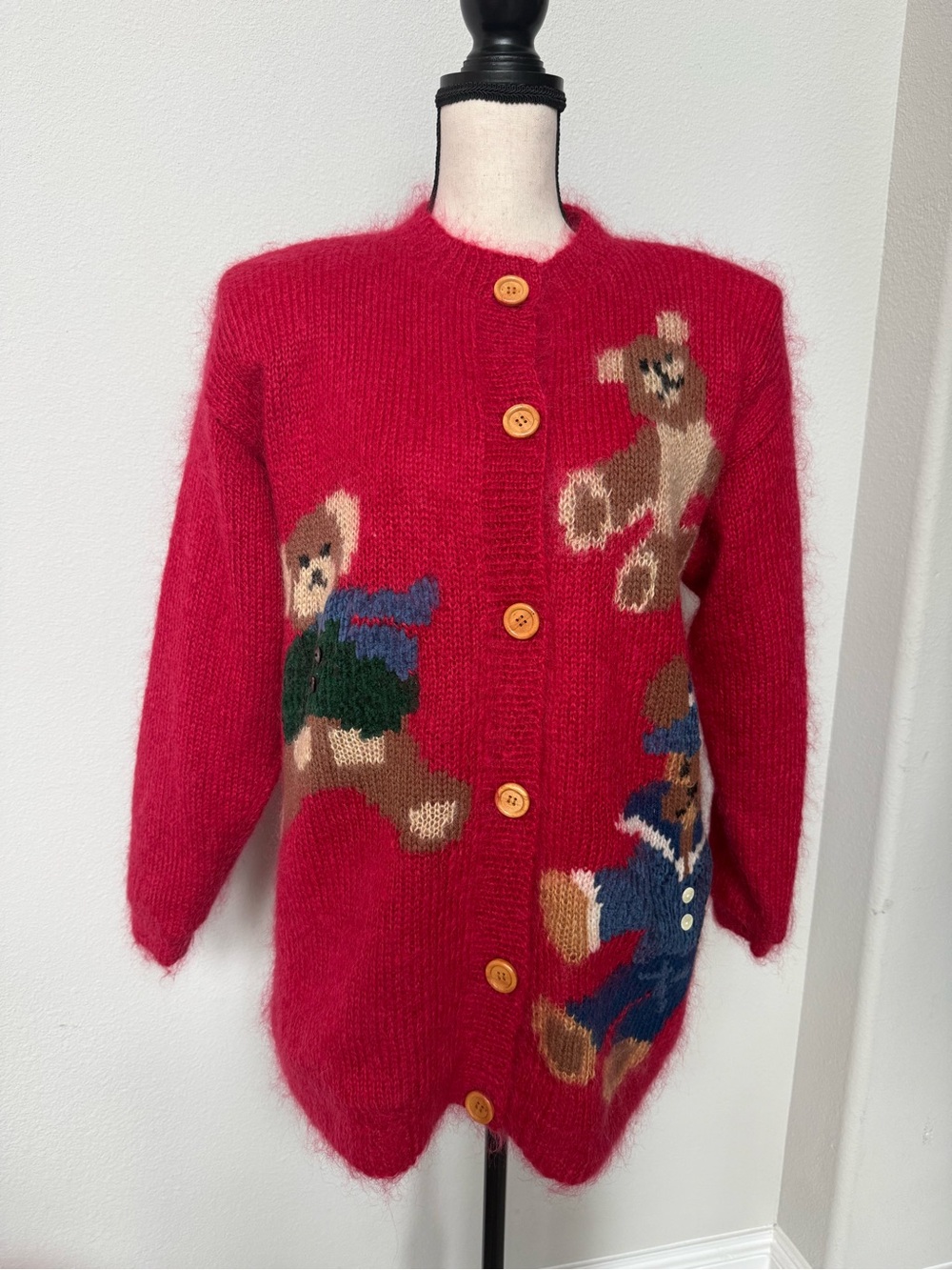 Vintage Susan Bristol Red Teddy Bear Hand Knit Cardigan Sweater